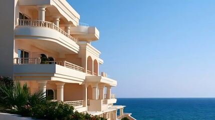 Fototapeta premium A multi level cream colored hotel building with balconies overlooks a calm blue ocean under a clear sky