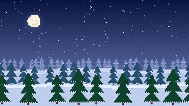 Scrolling pixel art winter pine forest with layered parallax trees, snowy hills and falling snow, retro side scroller game background