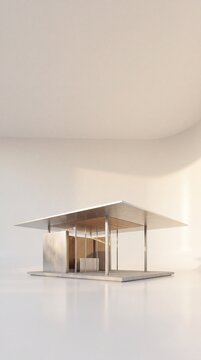 Commercial 3D e-commerce sale promotion banner featuring cantilevered pavilion concrete dais with copy space