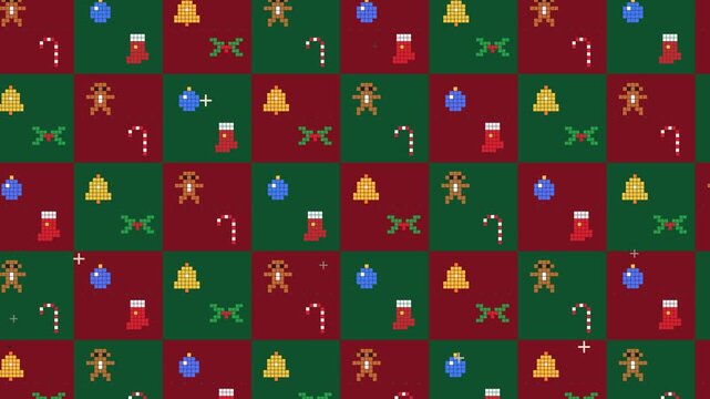 Diagonal scrolling pattern of pixel art Christmas icons with gifts, candy canes, bells and snowflakes, colorful 8 bit holiday wallpaper