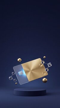 Commercial 3D e-commerce sale promotion banner featuring floating gold bank card with copy space