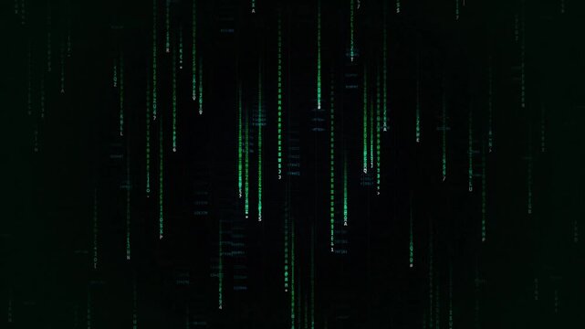 Digital matrix rain background, with falling green, binary code data stream