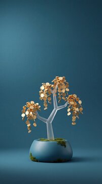 Commercial 3D e-commerce promotion featuring financial growth tree with glass coins and copy space on a blue background