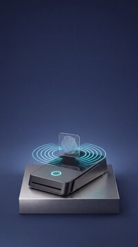 Commercial 3D e-commerce sale promotion banner featuring contactless biometric payment terminal with copy space