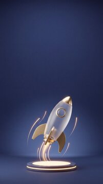Commercial 3D e-commerce sale promotion banner with startup investment rocket launchpad details