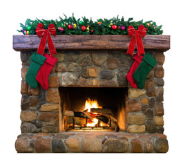 Obraz premium PNG Rustic Christmas fireplace decorated with garland and stockings