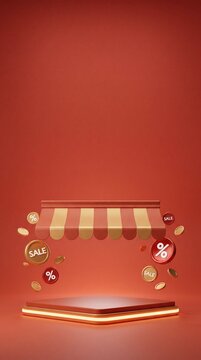 3D e-commerce sale promotion banner with shopping storefront awning and copy space for sale details