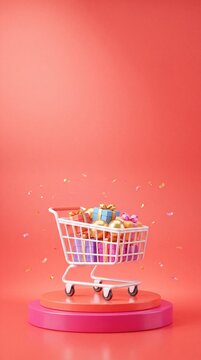 3D e-commerce sale promotion banner with shopping cart filled with gifts and copy space for text