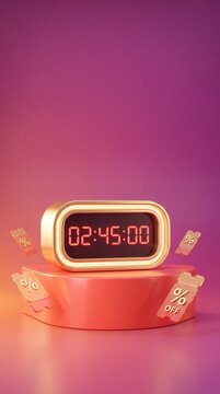 Commercial 3D e-commerce sale promotion with countdown timer and discount tickets for online shopping