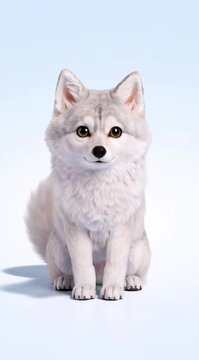 Adorable 3D render of a fluffy white husky puppy sitting on light blue background.