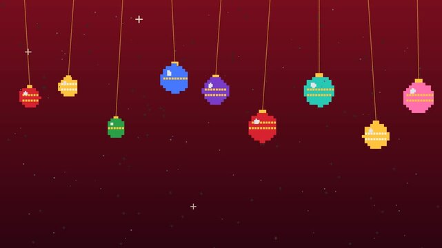 Shiny pixel art Christmas baubles and ornaments gently swaying on ribbons against a dark background, retro holiday decoration