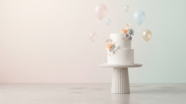 Minimalist two tiered white birthday cake with delicate pastel flowers and floating balloons on clean studio backdrop with copy space, generative AI