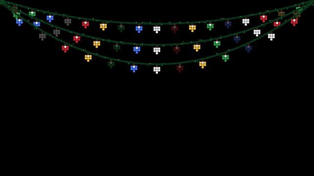 Blinking pixel art Christmas string lights hanging across the top of a black background, colorful retro holiday light overlay