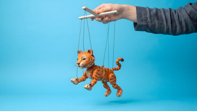 Hand manipulating a wooden tiger marionette puppet on strings over a blue background for business control concept and creative leadership ideas