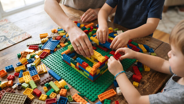 Adult and children's hands collaboratively building colorful plastic construction blocks on a wooden table, fostering creativity and shared playtime