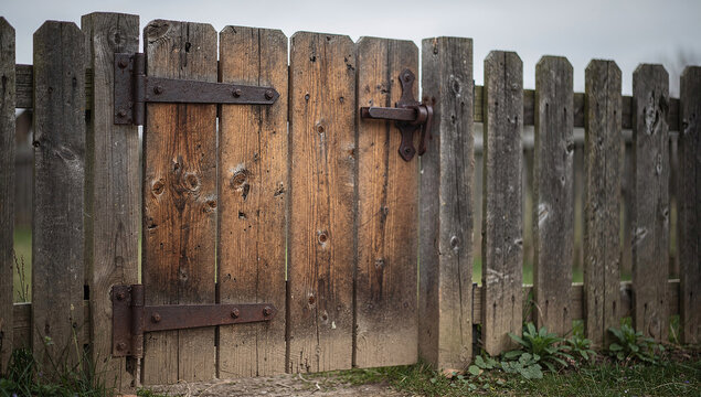 A rustic weathered wooden fence and gate with rusty metal hinges and a latch