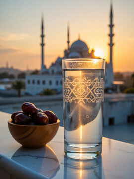 Iftar concept with a bowl of dates and glass of water against a blurred mosque at sunset during Ramadan