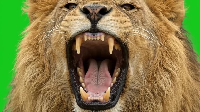 Close-up of a powerful male lion roaring fiercely showcasing its sharp teeth and open mouth isolated on a vibrant green screen background for easy compositing