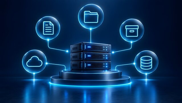 Centralized network datacenter server infrastructure with glowing digital icons representing cloud computing architecture and secure database archive