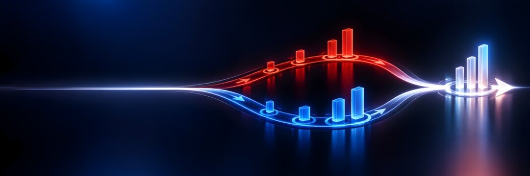Glowing neon financial bar charts merging on converging paths demonstrating business synergy comparative data analytics and successful market integration