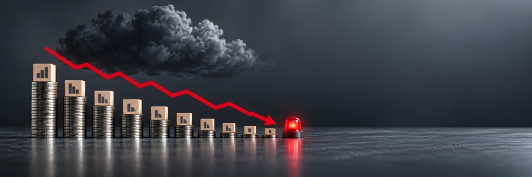 Decreasing stacks of coins with red downward arrow and dark stormy cloud warning of rising inflation financial crisis and global economic recession