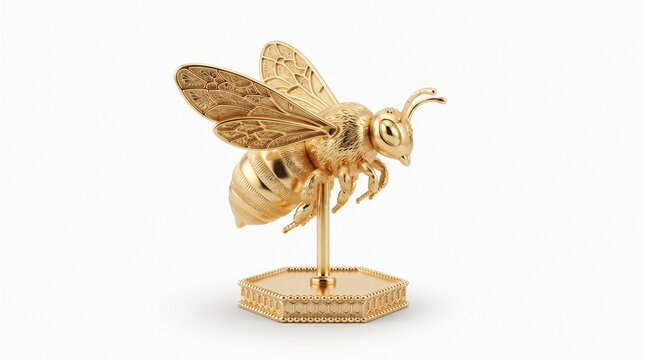 Golden bee figurine with detailed wings, metallic honeybee sculpture on hexagonal honeycomb base, luxury gold insect ornament for interior decor isolated PNG with Transparent Background