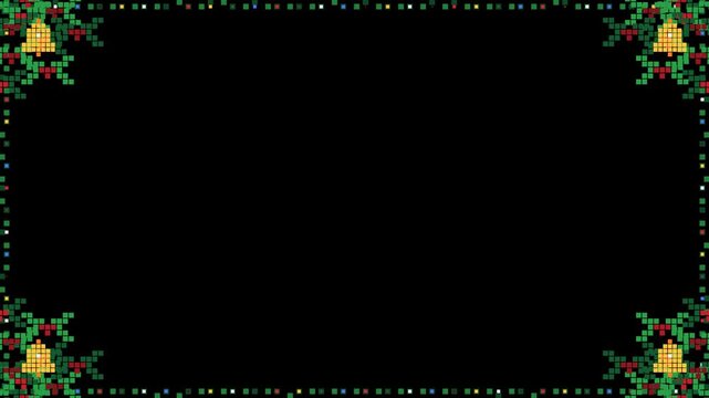 Pixel art holly leaves and red berries framing the corners of the screen with twinkling sparkles, Christmas border overlay on black