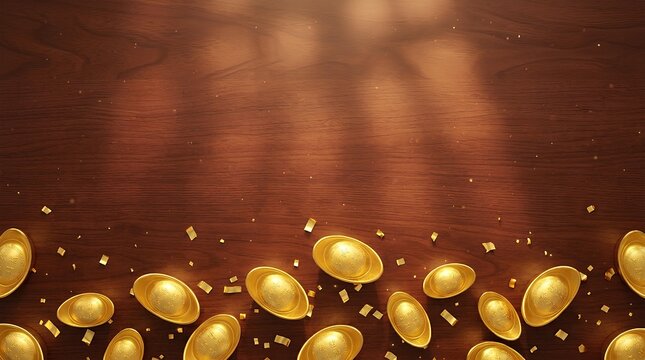 Golden Chinese sycee ingots and gold confetti on dark wooden background for Lunar New Year celebration