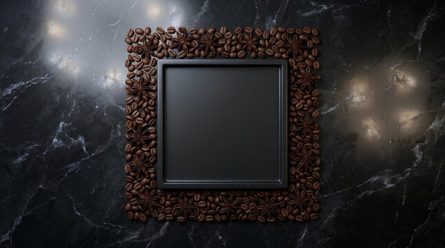 Square border of roasted coffee beans on dark marble with central copy space and light flares.