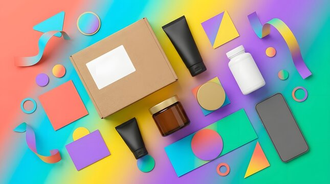 Flat lay of various skincare products and a cardboard shipping box on a vibrant colorful gradient background