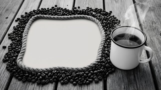 Top view of a steaming coffee mug beside an empty frame decorated with roasted beans on wood.