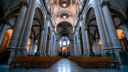 Fototapeta premium Long cathedral nave with stone columns arched ceilings and wooden pews under soft ambient lighting