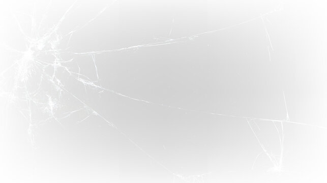 Shattered glass texture overlay with spiderweb cracks on transparent background. Damaged screen and impact fracture effect