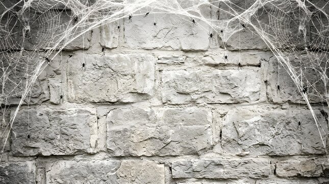 Grungy white brick wall covered in thick spider webs and cobwebs for Halloween decor.
