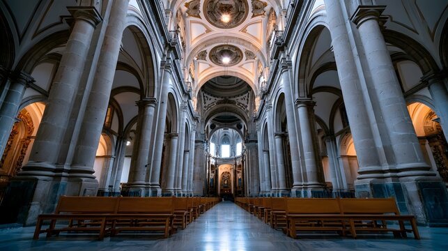 Long cathedral nave with stone columns  arched ceilings  and wooden pews under soft ambient lighting