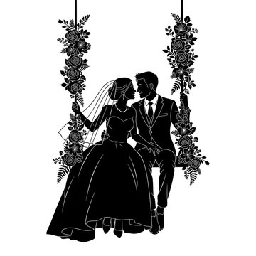 romantic wedding couple silhouette sitting on floral swing, elegant bride and groom silhouette black vector graphic, romantic wedding invitation clip art illustration, romantic bridal couple art