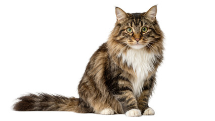 Fluffy brown tabby Maine Coon cat with white chest sitting, isolated on transparent background © topngi