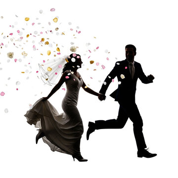 Silhouette bride and groom running together holding hands, romantic newlywed couple eloping with flying pink rose petals, elegant wedding couple silhouette isolated on white background
