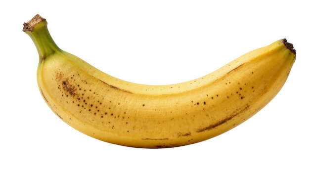 Ripe yellow banana with brown spots, isolated on transparent background