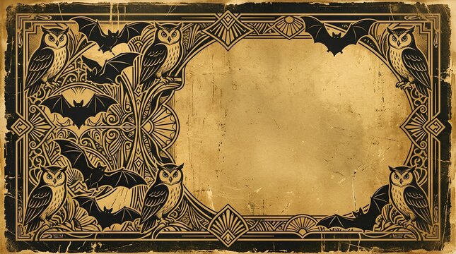 Vintage art deco frame featuring owls and bats on a golden aged parchment background.