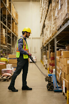 Warehouse worker using pallet jack while moving goods in storage facility
