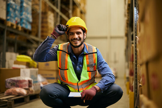 Happy distribution center employee inspecting packages in warehouse and looking at camera.