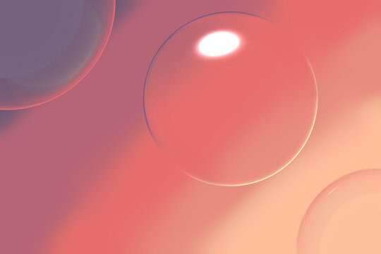 Abstract 3D Glass Spheres and Floating Bubbles on Pink Purple Gradient Background