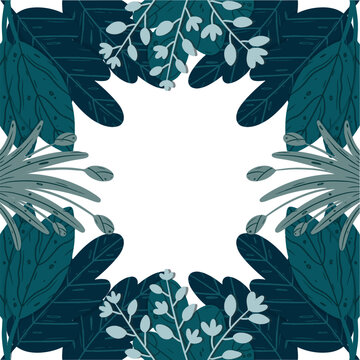 Dark Teal and Blue Botanical Leaves Square Border Frame Background