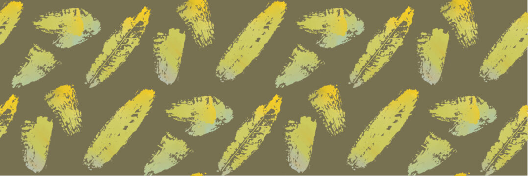 Abstract Yellow Brush Stroke Leaves Seamless Pattern on Khaki Olive Green Background