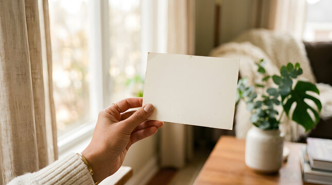 Person holding blank letter by sunny window.