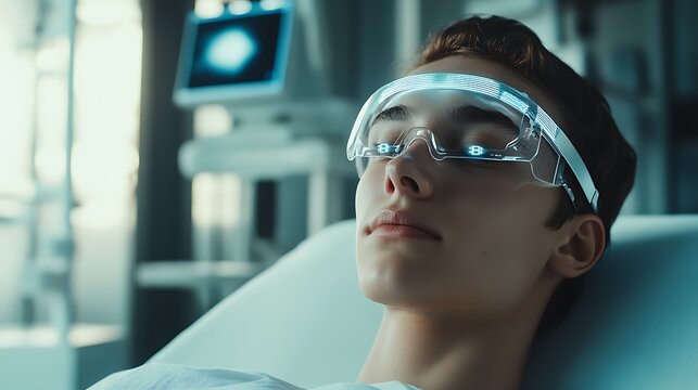 Young man lying in a futuristic clinic wearing a high-tech neural interface headband for brain stimulation and cognitive enhancement therapy