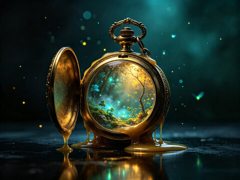Melting Pocket Watch Revealing a Miniature Enchanted Forest Inside &ndash; Surreal Time and Nature Fantasy Art