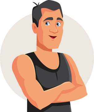 Handsome Fit Man Standing With Arms Crossed In Tank Top Cartoon. Vector illustration of a confident young athletic guy with folded arms