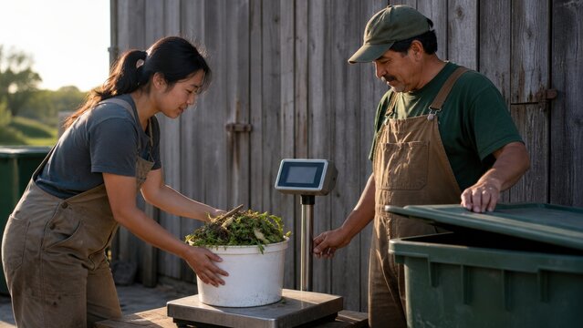 Community compost drop-off farm team weighing crop trimmings beside a collection bin